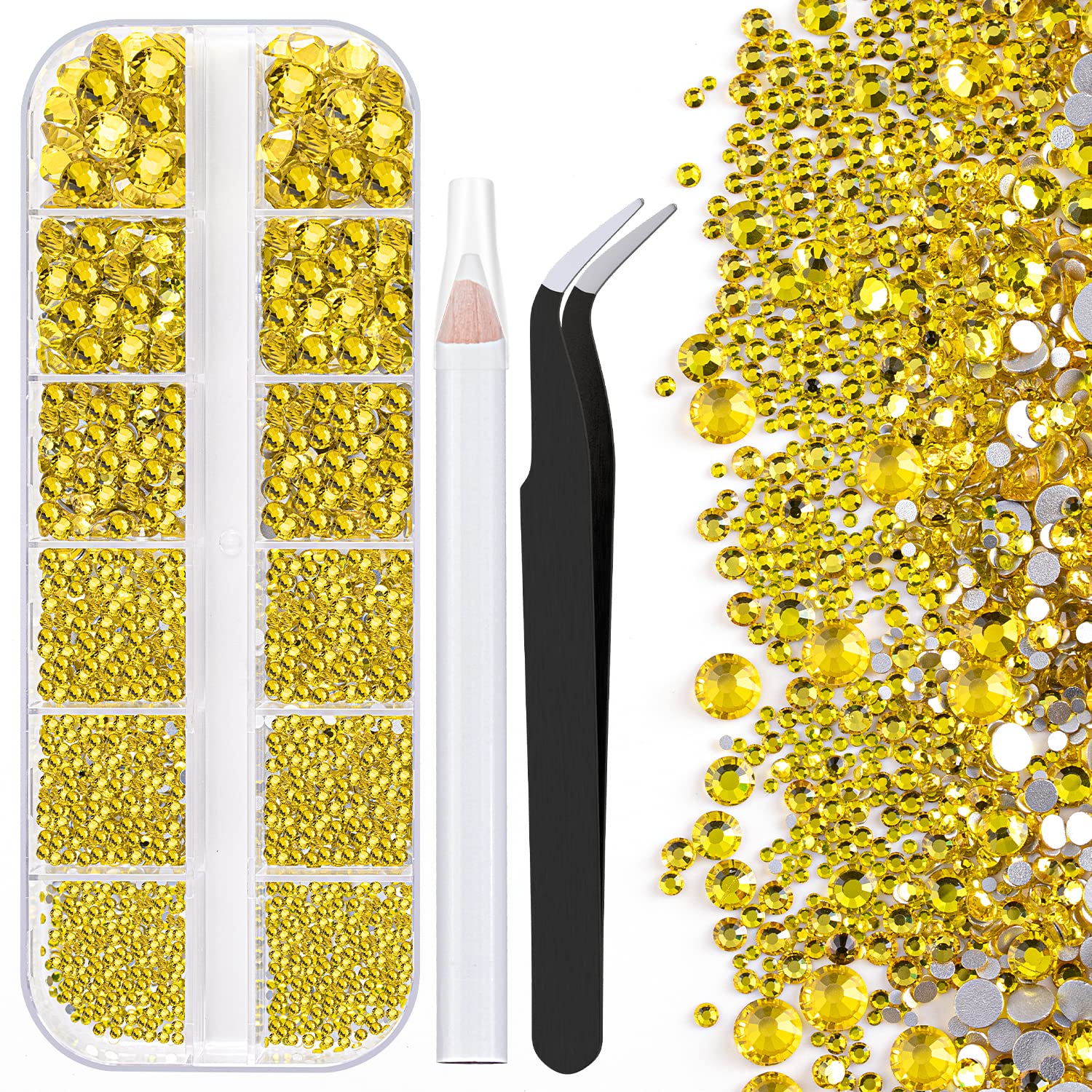 One Pack 2000 Pcs of Flatback Round Lemon Yellow Rhinestones 6 Sizes (1.5-6 mm) with Nail Art Rhinestone Picker Pencil and Tweezer for DIY and Salon Use-BrightBean Baby