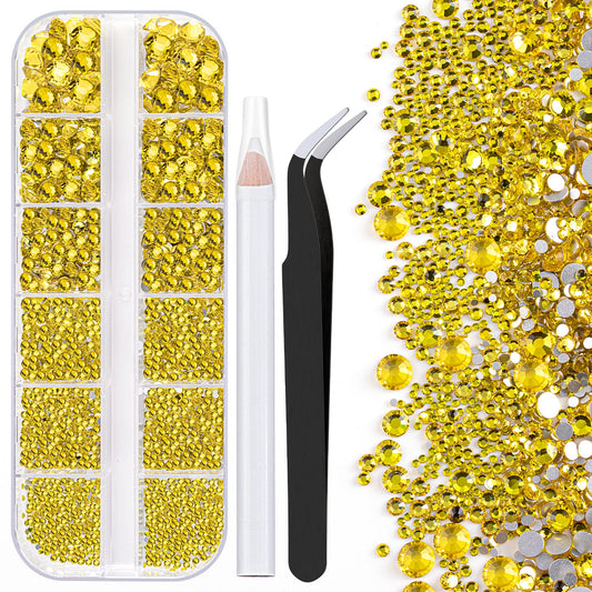 One Pack 2000 Pcs of Flatback Round Lemon Yellow Rhinestones 6 Sizes (1.5-6 mm) with Nail Art Rhinestone Picker Pencil and Tweezer for DIY and Salon Use-BrightBean Baby