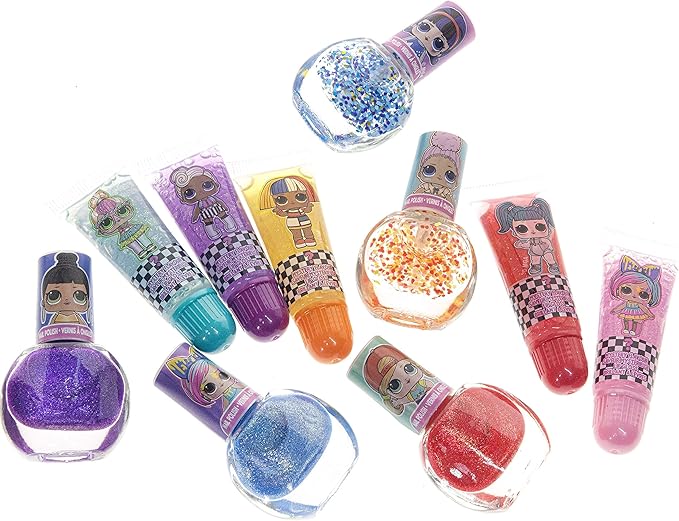 LOL Surprise Townley Girl 11 Pcs Sparkly Cosmetic Makeup Set for Kids Includes 5 Lip Gloss, 5 Nail Polish & Nail Stickers for Girls Tweens, Ages 3+ Perfect for Parties, Sleepovers and Makeovers-BrightBean Baby