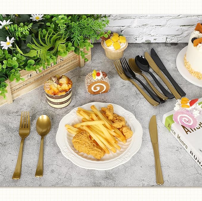 300 Pieces Black and Gold Plastic Silverware Heavy Duty Plastic Cutlery Set Disposable Flatware Includes Spoons Forks Knifes for Party Supplies