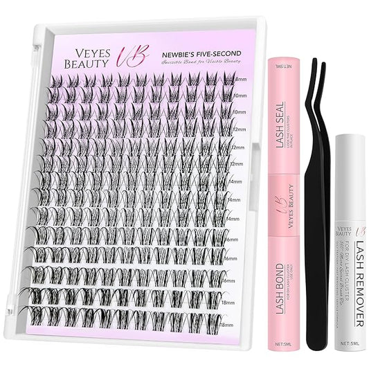 VEYESBEAUTY Lash Clusters Kit Eyelash Extensions Thin & Invisible Band DIY Individual False Eyelashes Newbie's Five-Second Series Lash Tray for Self-application, Sylph Lashes 8-18mm Mixed Length-BrightBean Baby