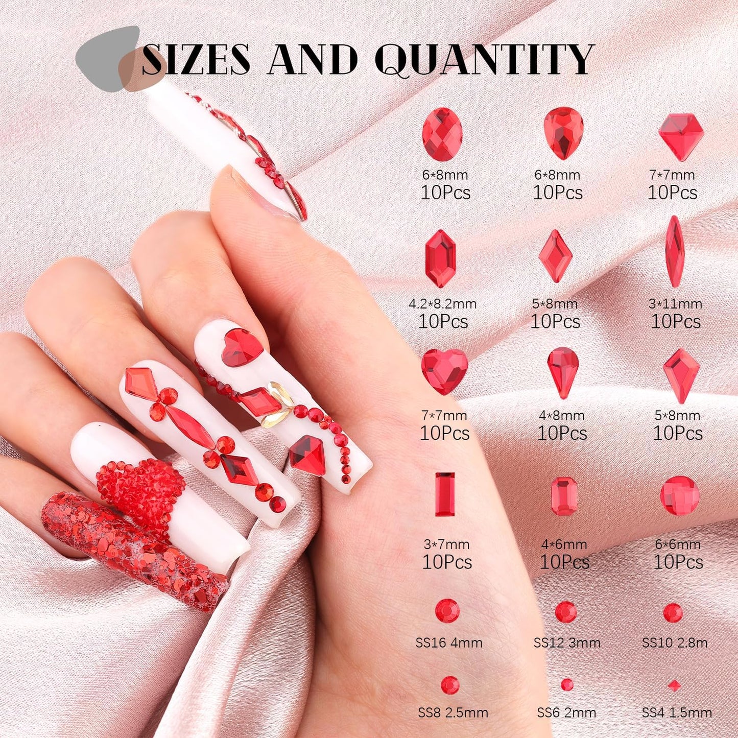 2680Pcs Red Glass Nail Rhinestones 120Pcs Multi Shapes Flatback Nail Gems + 2560Pcs 1.5-4mm Round Crystal with Rhinestones Glue Gel, Manicure Nail Charms Diamond Gemstones for Nail Art-BrightBean Baby