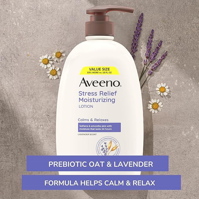 Aveeno Stress Relief Moisturizing Body Lotion 33 Fl Oz, Lavender Scent with Prebiotic Oat, Hydrating 24-Hour Moisturizer Non-Greasy for Dry Sensitive Skin, Paraben & Dye Free, Calming & Relaxing-BrightBean Baby