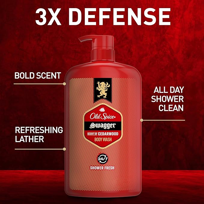 Old Spice Body Wash for Men, 24/7 Shower Fresh with Lasting Scent, Red Collection, Swagger with Cedarwood Scent, 33.4 fl oz (Pack of 4)-BrightBean Baby
