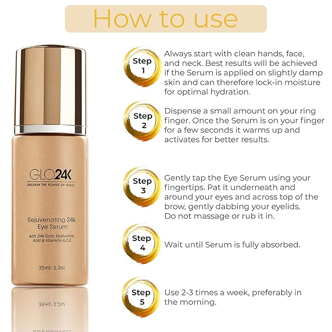 GLO24K Eye Serum with 24k Gold, Hyaluronic Acid, and Vitamins A,C,E. Potent Formula for the delicate skin around the eyes.-BrightBean Baby