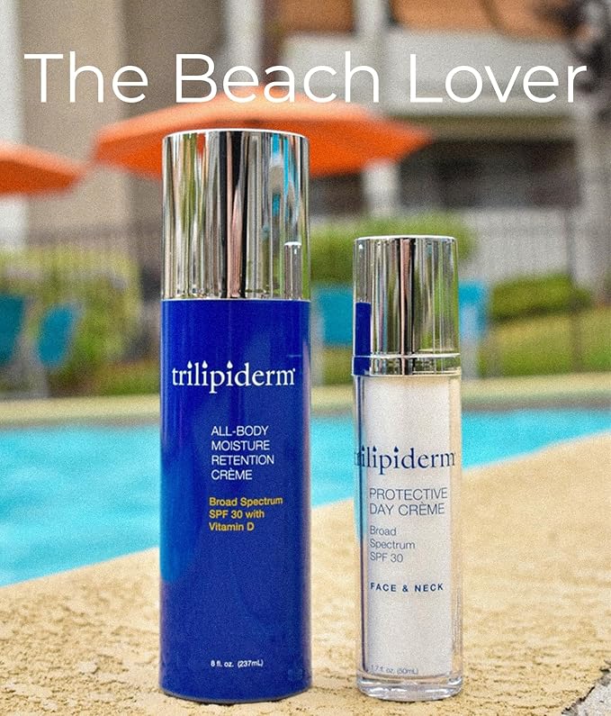 Trilipiderm Beach Lover Bundle- All-Body Moisture Retention Crème Sunscreen (8oz) & Protective Day Crème Broad Spectrum SPF 30 (1.7oz), Sunscreen Lotion UVA/UVB Set for Face, Body, Travel Size-BrightBean Baby