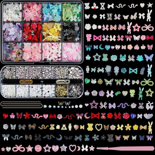 Artdone Nail Art Studs Kit, 2 boxes Multicolor 3D Charms Flower Butterfly Snake Rabbit Diamond Cute Nail Jewels for DIY Decoration with Pickup Tools-BrightBean Baby