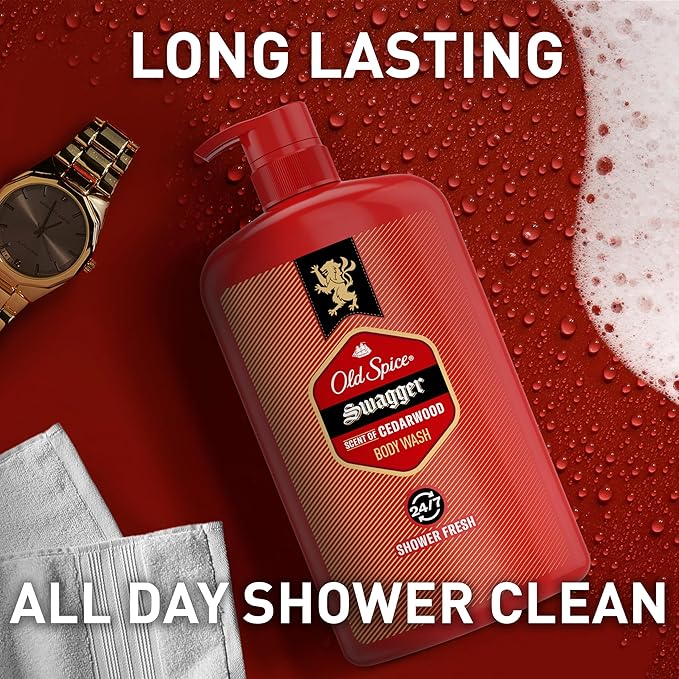 Old Spice Body Wash for Men, 24/7 Shower Fresh with Lasting Scent, Red Collection, Swagger with Cedarwood Scent, 33.4 fl oz (Pack of 4)-BrightBean Baby