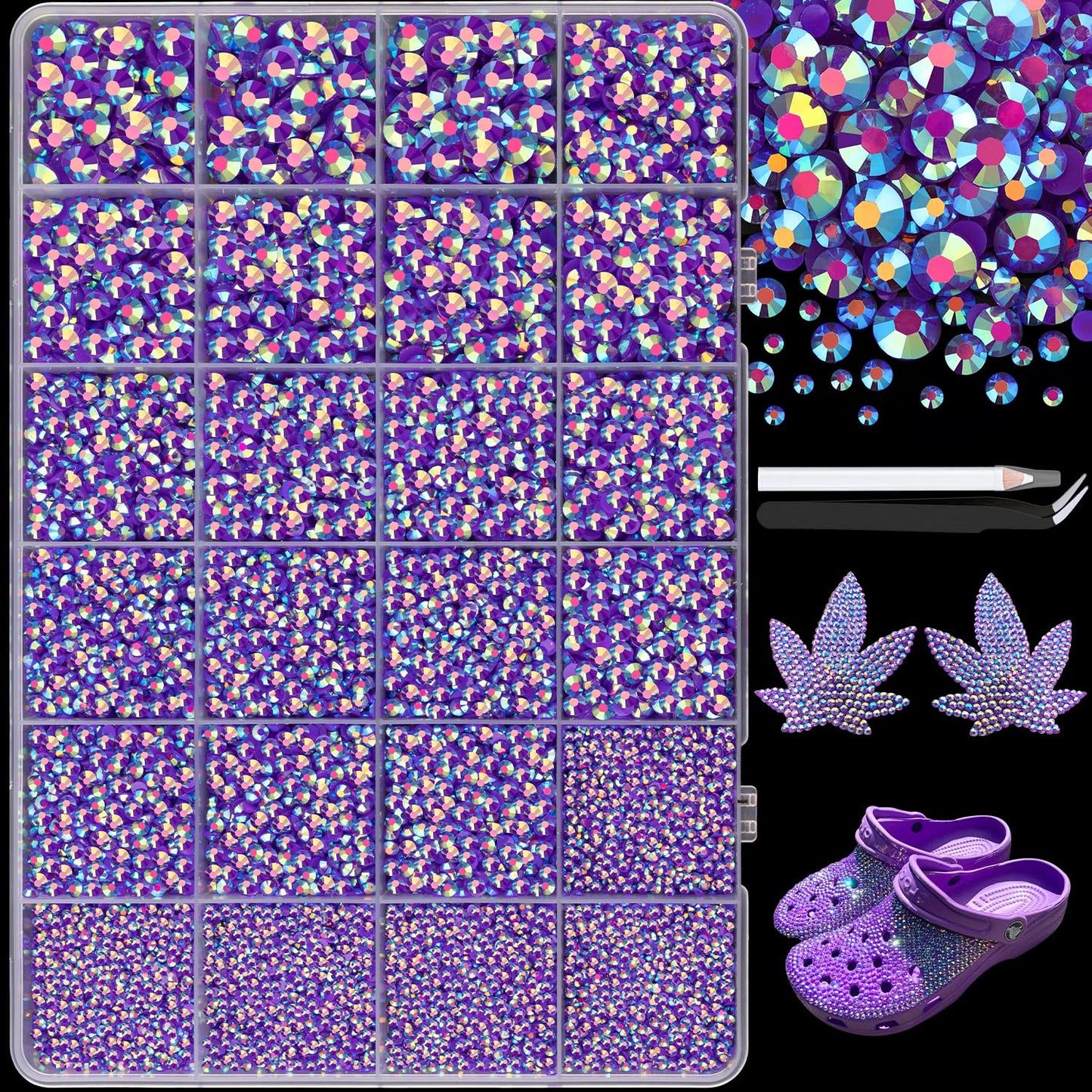 25000Pcs Resin Jelly Rhinestones with Tweezers for Crafting, 2-6mm Mixed Sizes (Dark Purple AB) Non Hotfix Flatback Gems, Bedazzling Crystal for DIY Crafts Clothing Tumblers Mugs Shoes Decor Nail Art-BrightBean Baby
