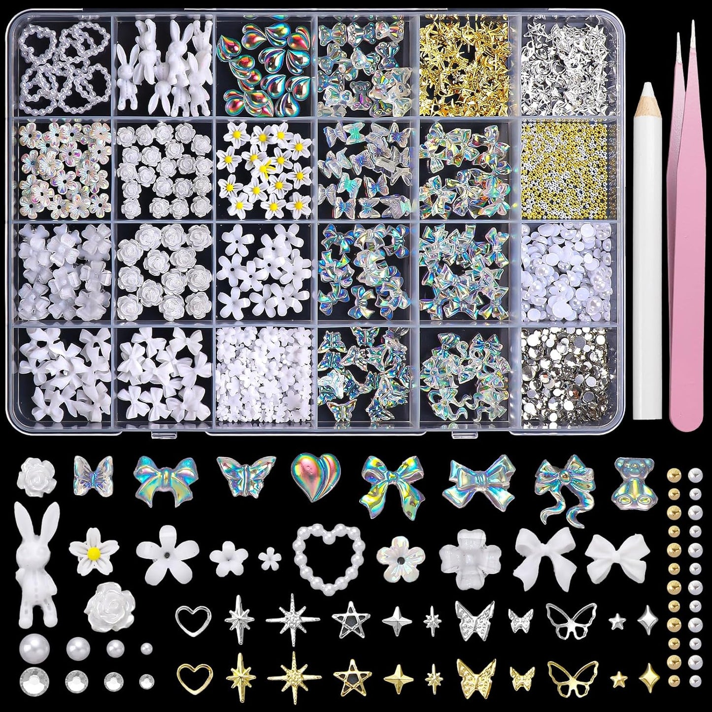 3D Nail Charms and Gems, Mix Flower Bow Heart Colorful Acrylic Nail Art Charms, Mix Nail Pearl Rhinestones and Caviar Beads for Nails, Cute Hollow Pearls Jewelry for Art Design DIY Crafts-BrightBean Baby
