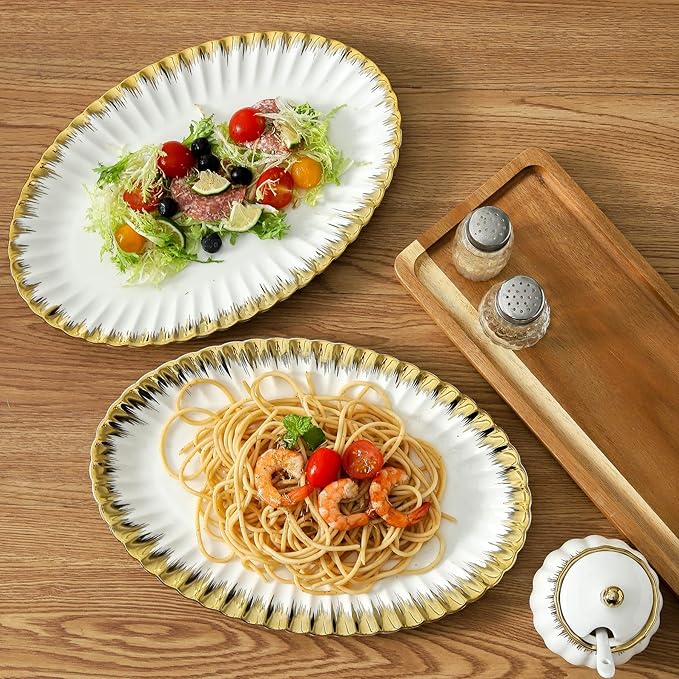 Serving Platters, Ceramic Oval Serving Platters,12 Inch Serving Dishes/Trays for Party Entertaining, Porcelain White Dinner Plates with Gold Trim for Sandwich, Appetizer, Fruit, Desserts, Set of 2