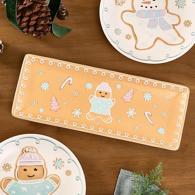 Bico Pastel Gingerbread Man Ceramic 14 inch Rectangular Serving Platter, Set of 2, for Serving Salad, Pasta, Cheese, Ham, Appetizer, Microwave & Dishwasher Safe