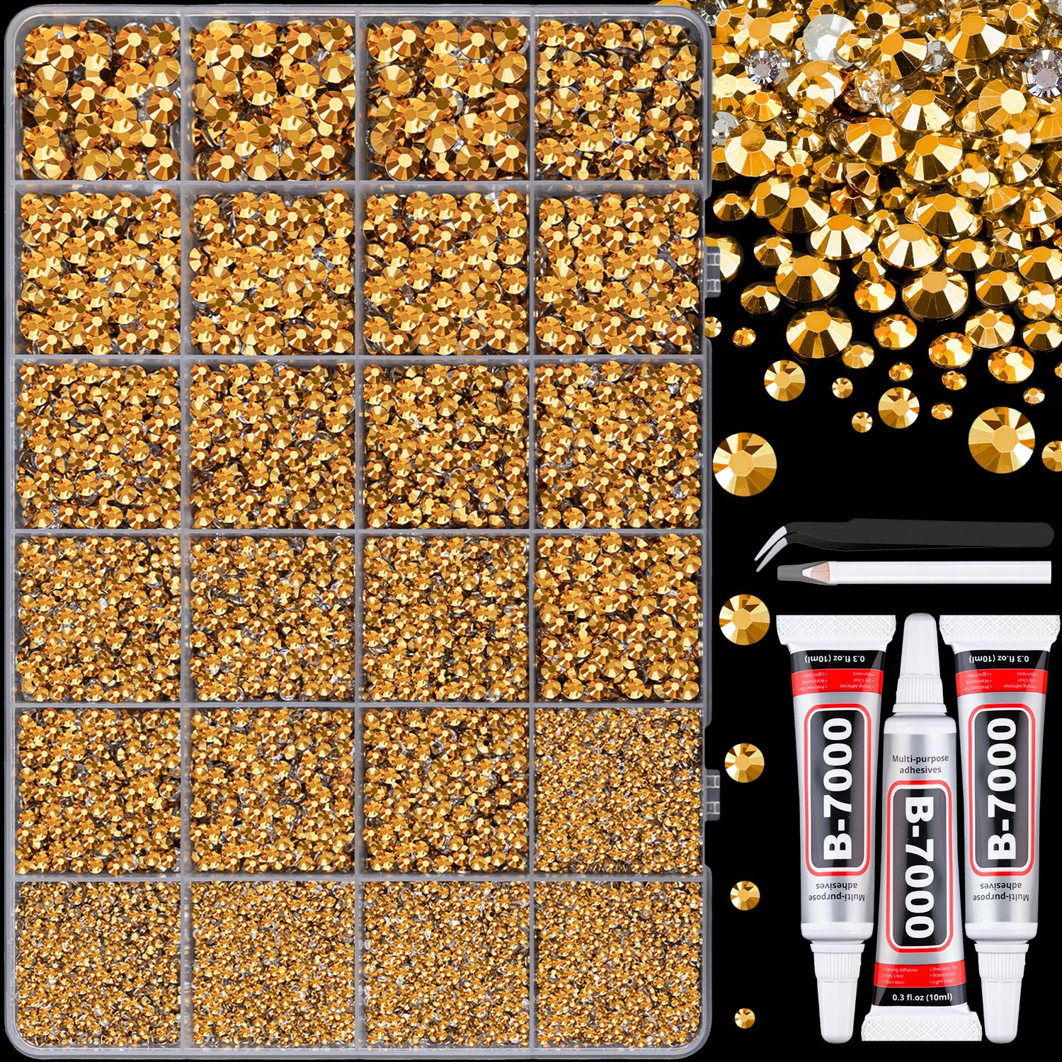 25000Pcs Resin Rhinestones with Tweezers for Crafting, Gold Flatback Gems, Bedazzling Crystal with 3Pcs 10ml B7000 Jewelry Glue for DIY Crafts Clothing Tumblers Shoes Fabric Nail Art-BrightBean Baby