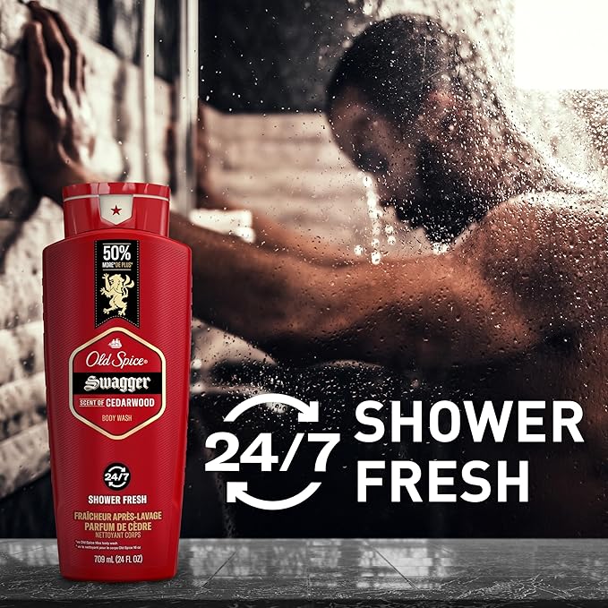 Old Spice Body Wash for Men, 24/7 Shower Fresh with Lasting Scent, Red Collection, Swagger with Cedarwood Scent, 24 fl oz (Pack of 2)-BrightBean Baby