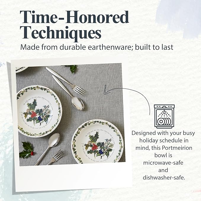 Portmeirion Holly and Ivy 8.5-Inch Pasta Bowls (Set of 4) - Holiday Earthenware for Christmas Feasts, Ideal for Serving Salad, Soups, Desserts - Microwave, Dishwasher Safe - Seasonal Tableware