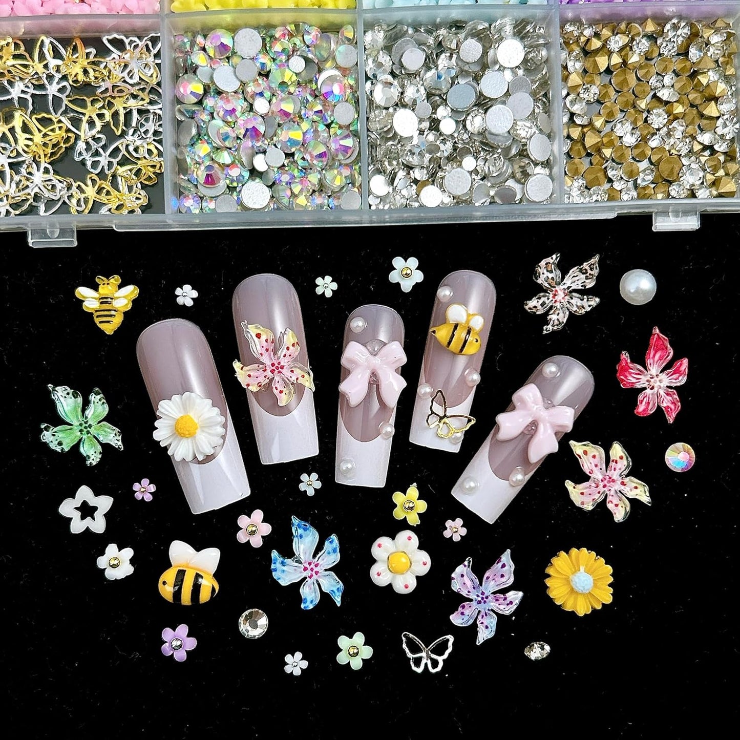 Flowers Nail Charms and Gems, Cute 3D Bee Daisy Hawaii Flowers Nail Art Charms for Acrylic Nails, Gold Silver Butterfly Nail Rhinestone and Charms,White Flatback Pearl Nail Charms Manicure DIY Crafts-BrightBean Baby