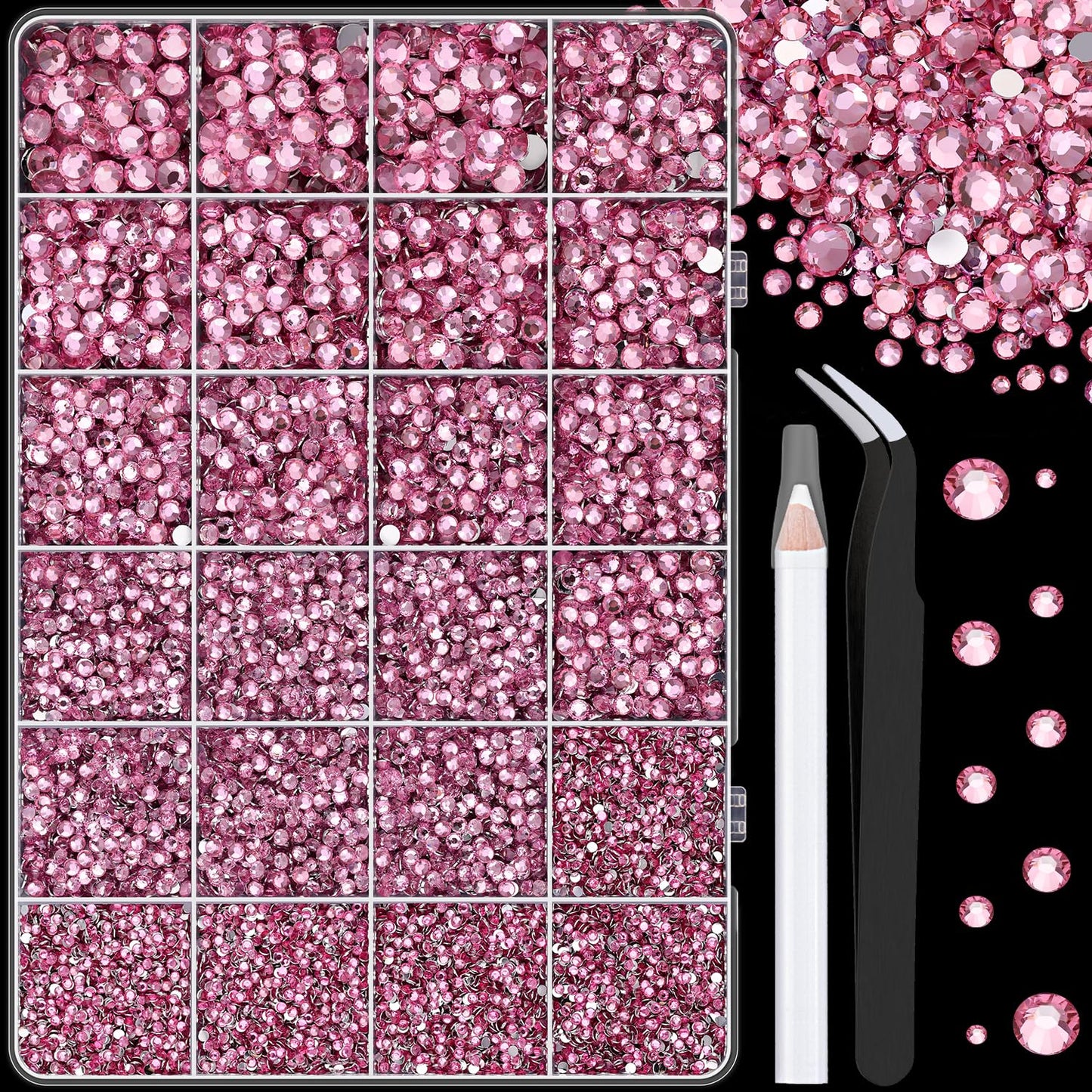 25000Pcs Resin Rhinestones with Tweezers for Crafting, Dark Pink 2-6mm Mixed Sizes Non Hotfix Flatback Gems, Bedazzling Crystal for DIY Craft Clothing Mugs Tumblers Shoes Fabric Decor Nail Art-BrightBean Baby