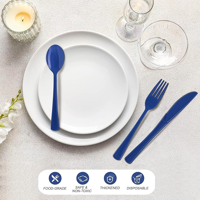 300 Pieces Dark Blue Plastic Silverware Heavy Duty Plastic Cutlery Set Heavyweight Disposable Flatware Includes Spoons Forks Knifes for Birthday Party Prom Night Wedding Dinner