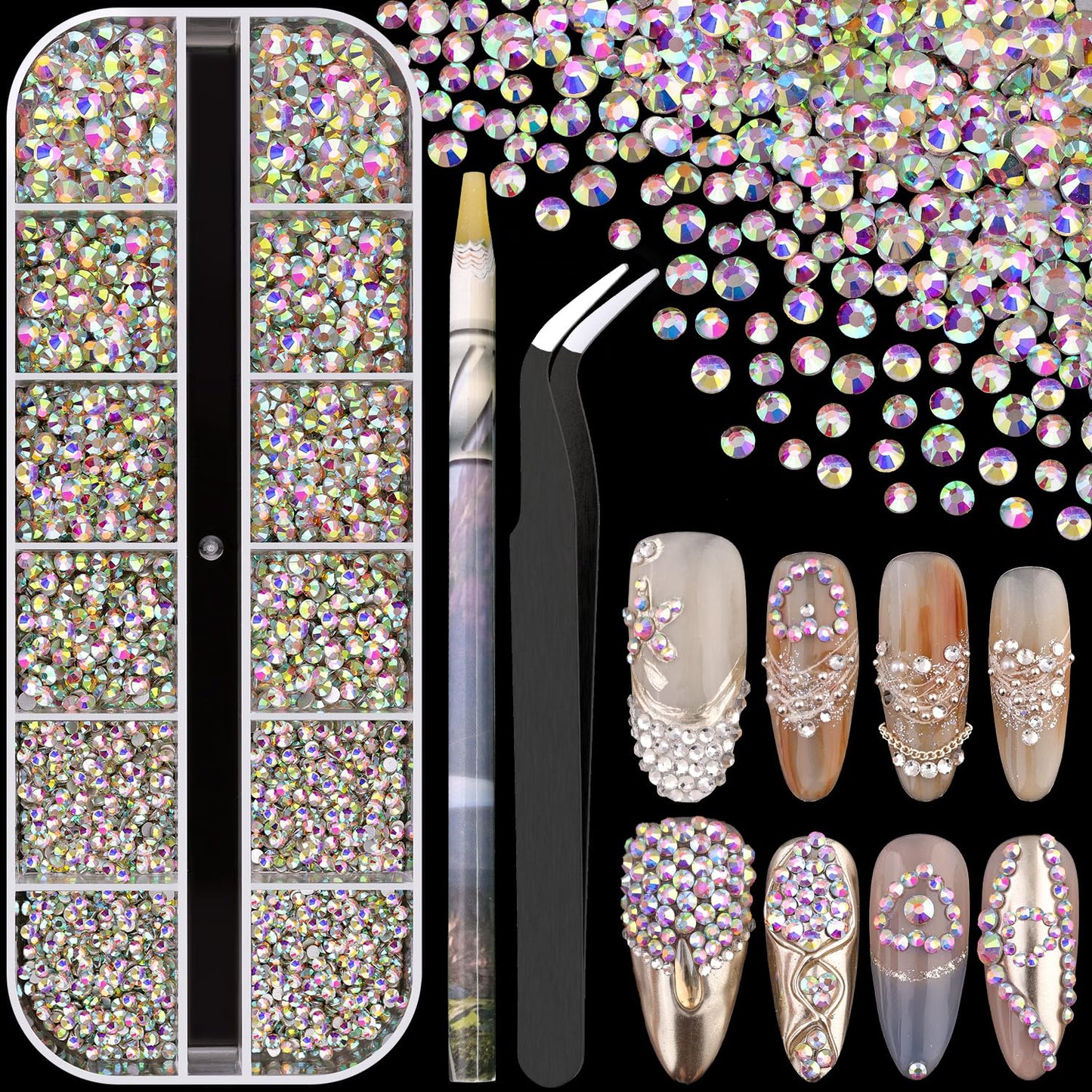 3600pcs Glass AB Nail Rhinestones 6 Sizes(1.8/2/2.4/2.8/3/4mm) Flatback Crystal Nail Charms Jewels Decoration for Nail Art and Crafting, Tweezer and Pickup Pen included-BrightBean Baby