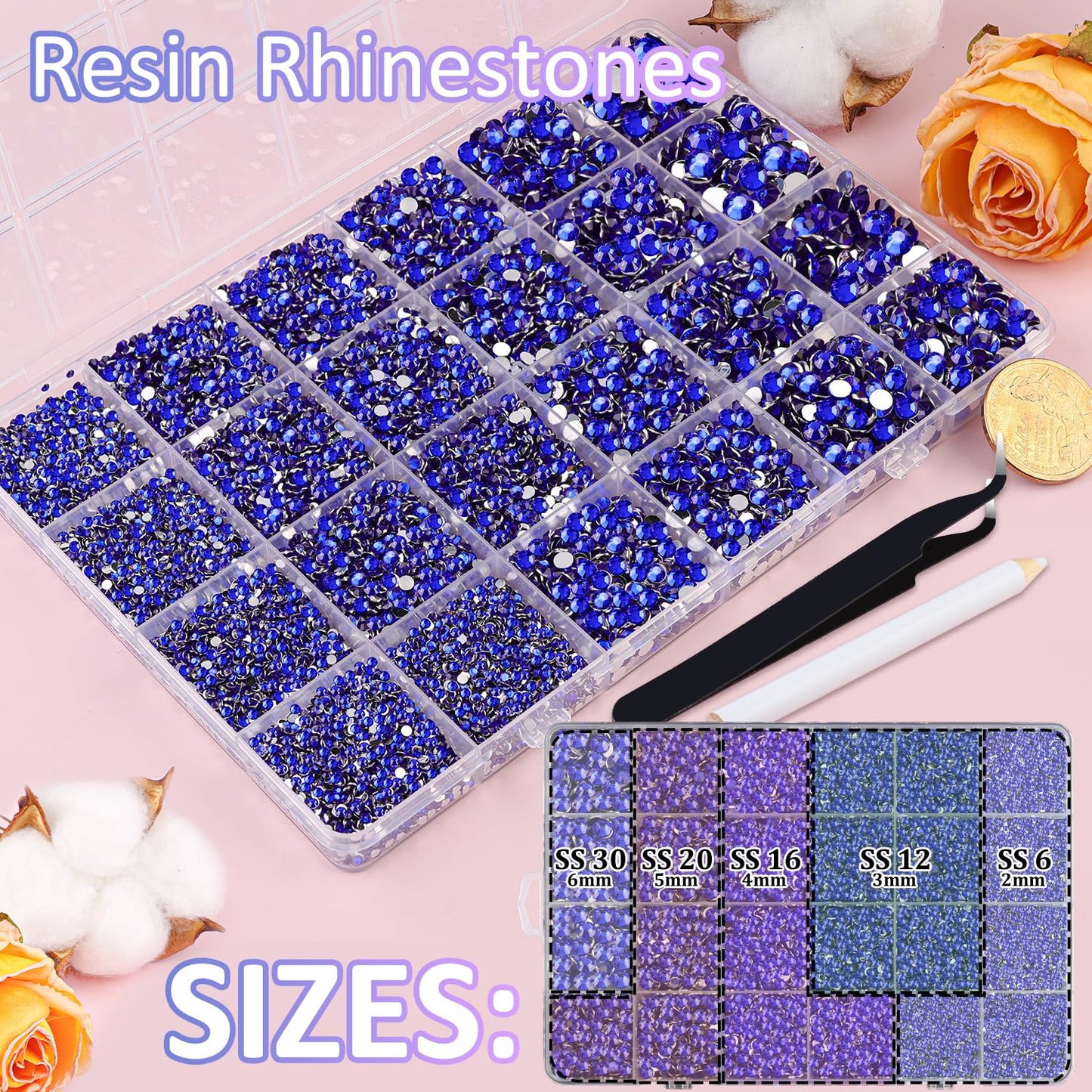 30000Pcs Resin Rhinestones with Tweezers for Crafting, Royal Blue Flatback Gems, Bedazzling Crystal with 3Pcs 10ml B7000 Jewelry Glue for DIY Crafts Clothing Tumblers Shoes Fabric Nail Art-BrightBean Baby