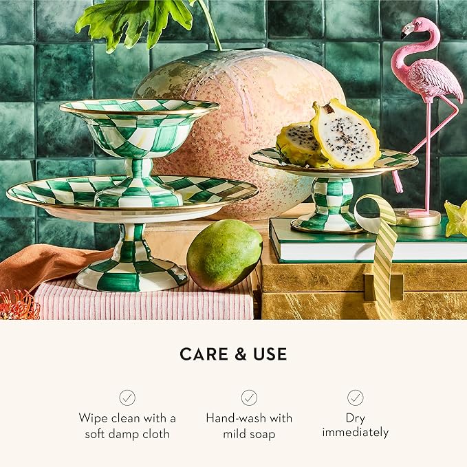 MACKENZIE-CHILDS Enamel Pedestal Platter, Round Cake Stand, Small, Green-and-White Emerald Check