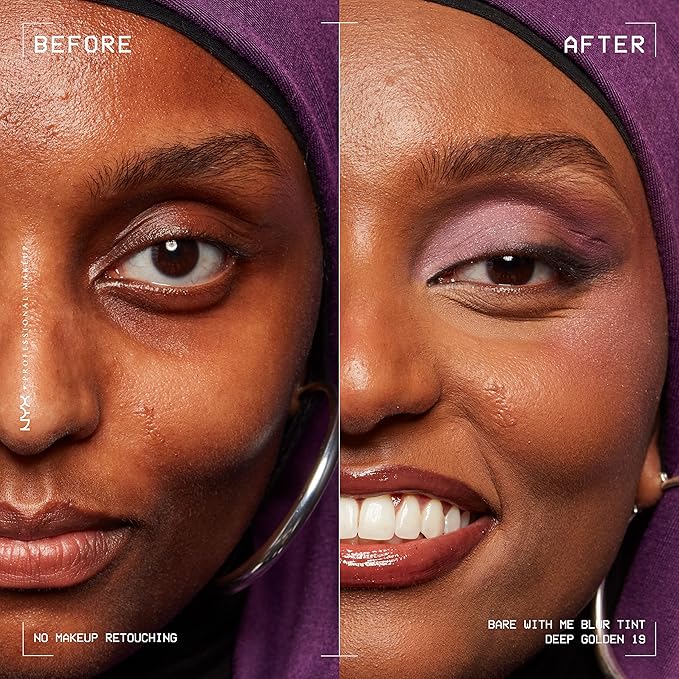 NYX PROFESSIONAL MAKEUP Bare With Me Blur Skin Tint Foundation Make Up with Matcha, Glycerin & Niacinamide - Deep Golden-BrightBean Baby