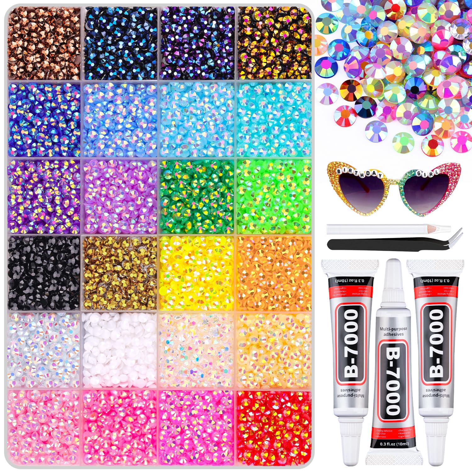 12600Pcs Resin Rhinestones with B7000 Jewelry Glue for Crafting, Multicolors 4mm Non Hotfix Flatback Gems, Bedazzling Crystal for DIY Crafts Clothing Tumblers Mugs Shoes Fabric Decor Nail Art-BrightBean Baby