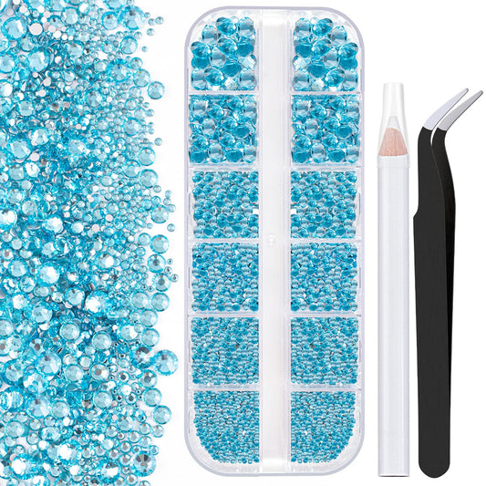 One Pack 2000 Pcs of Flatback Round Lake Blue Rhinestones 6 Sizes (1.5-6 mm) with Nail Art Rhinestone Picker Pencil and Tweezers for DIY and Salon Use-BrightBean Baby