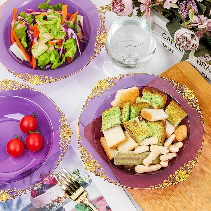 Nervure 50PCS Purple Plastic Bowls with Gold Rim - 12oz Disposable Soup Bowls, Heavy Duty Salad Dessert Bowl Perfect For Weddings, Parties and Everyday Use