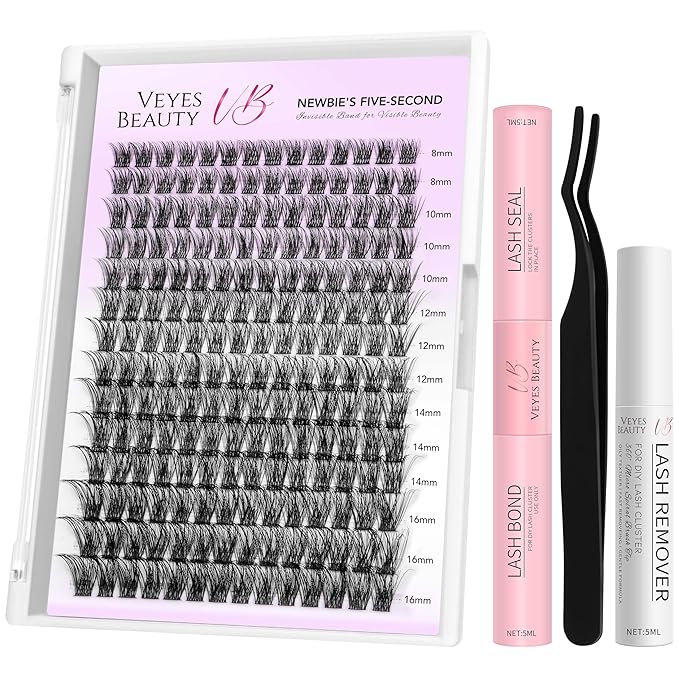 VEYESBEAUTY Lash Clusters Kit Individual Eyelash Extensions Thin & Invisible Band DIY False Eyelashes Newbie's Five-Second Series Wispy Lash Tray, Boldeye KIT with Bond&Seal Remover Applicator-BrightBean Baby