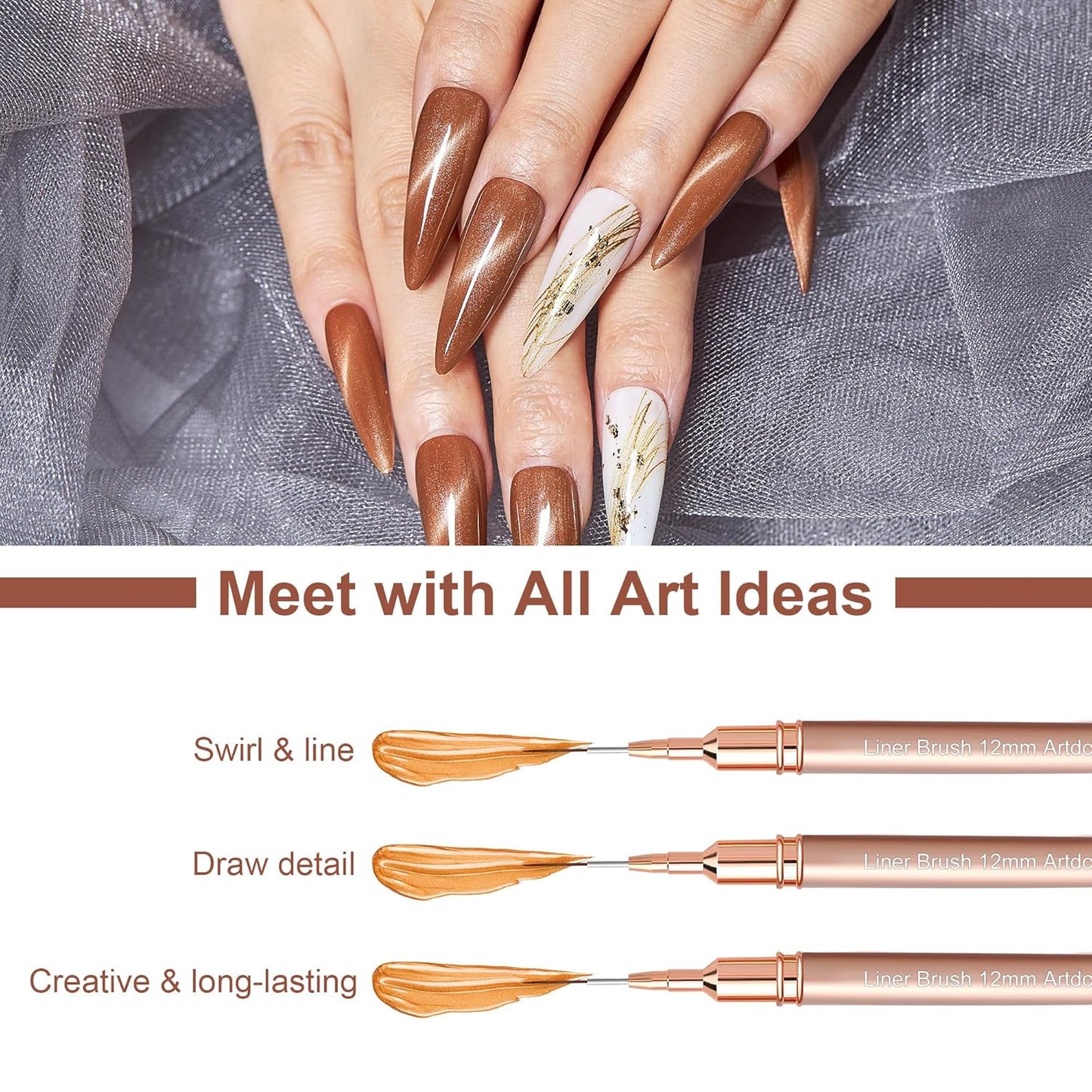 Artdone Metallic Nail Art Pens, Liner Brushes Set, 5PCS Copper Color Nail Tools For Long Lines, Thin Details, Fine Drawing, Liner Brush UV Gel Polish Painting Nail Design Sizes 5/8/12/20/25mm-BrightBean Baby