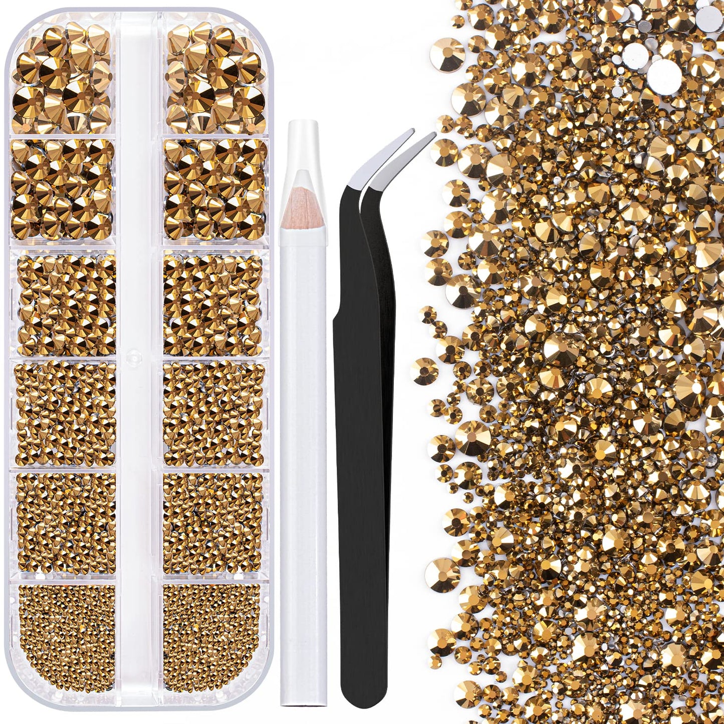 One Pack 2000 Pcs of Flatback Round Mineral Gold Rhinestones 6 Sizes (1.5-6 mm) with Nail Art Rhinestone Picker Pencil and Tweezers for DIY and Salon Use-BrightBean Baby