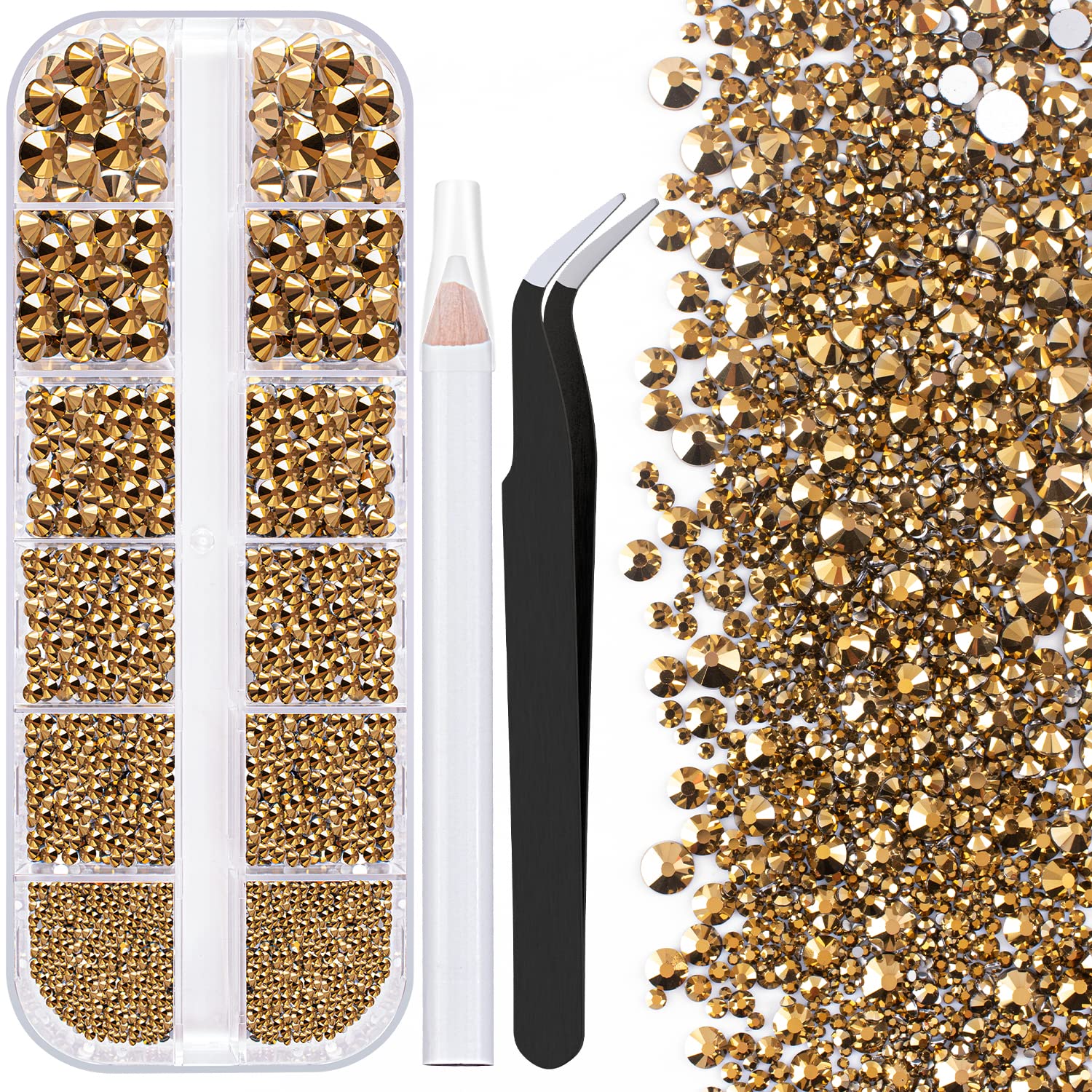 One Pack 2000 Pcs of Flatback Round Mineral Gold Rhinestones 6 Sizes (1.5-6 mm) with Nail Art Rhinestone Picker Pencil and Tweezers for DIY and Salon Use-BrightBean Baby