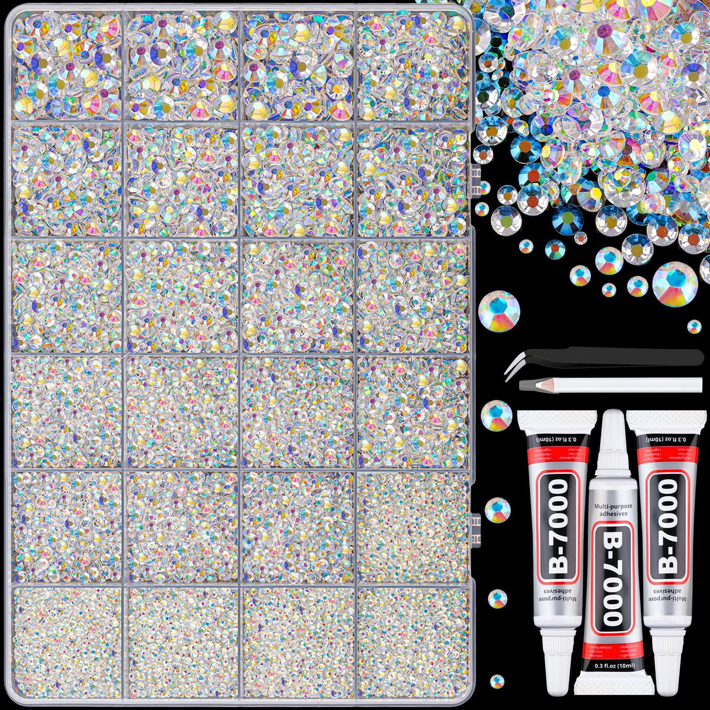 30000Pcs Resin Jelly Rhinestones with Tweezers for Crafting, Transparent AB Flatback Gems, Bedazzling Crystal with 3Pcs 10ml B7000 Jewelry Glue for DIY Crafts Clothing Tumblers Shoes Fabric Nail Art-BrightBean Baby