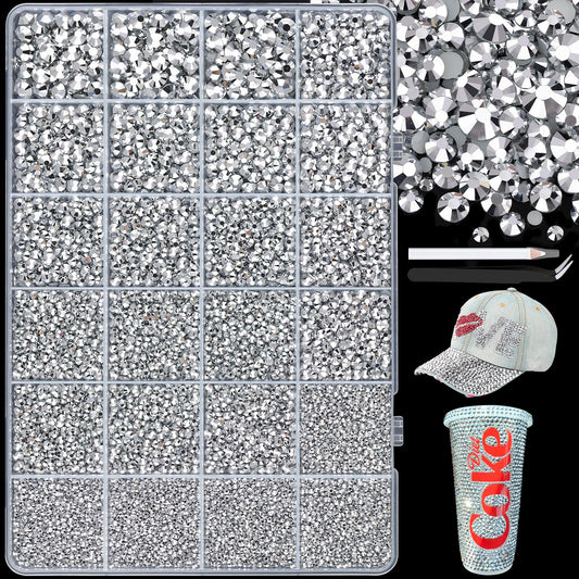 25000Pcs Resin Rhinestones with Tweezers for Crafting, 2-6mm Mixed Sizes (Silver) Non Hotfix Flatback Gems, Bedazzling Crystal for DIY Crafts Clothing Tumblers Mugs Shoes Decor Nail Art-BrightBean Baby