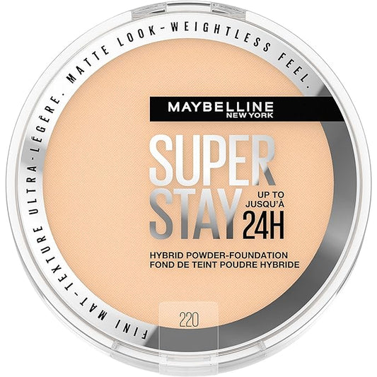 Maybelline Super Stay Up to 24HR Hybrid Powder-Foundation, Medium-to-Full Coverage Makeup, Matte Finish, 220, 1 Count-BrightBean Baby