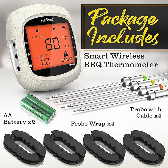 Nutrichef Bluetooth Meat Thermometer for Grilling and Smoking with 4 Wireless Meat Probes, 4 Channels with LCD Display