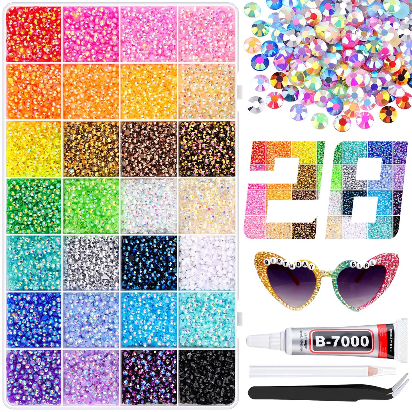 30000Pcs Resin Rhinestones with B7000 Jewelry Glue for Crafting, Multicolors 3mm Non Hotfix Flatback Gems, Bedazzling Crystal for DIY Crafts Clothing Tumblers Mugs Shoes Fabric Decor Nail Art-BrightBean Baby