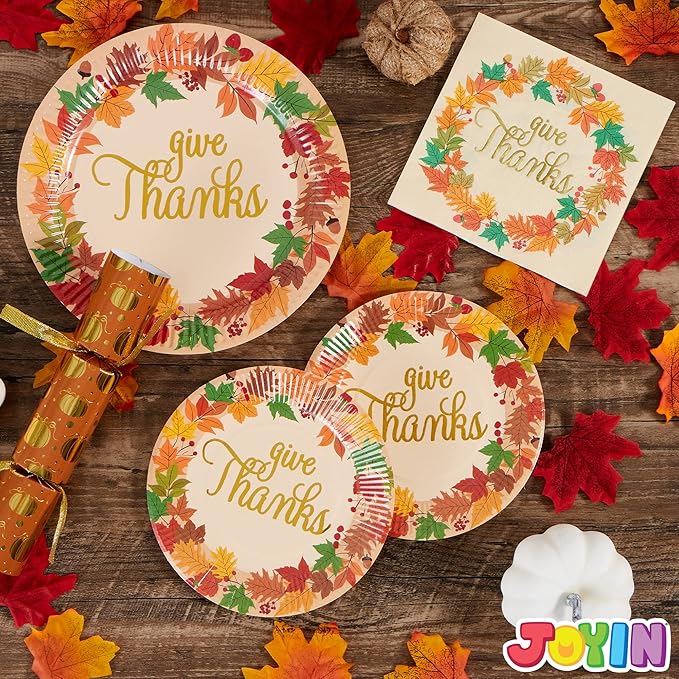 JOYIN 100Pcs Thanksgiving Paper Plates and Napkins Disposable Dinnerware Set for 25 Guests Give Thanks Theme Party Supplies Happy Thanksgiving Autumn Tableware Set