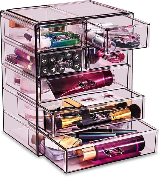 Sorbus Acrylic Makeup Organizer - Organization and Storage Case for Cosmetics Make Up & Jewelry - Big Clear Makeup Organizer for Vanity, Bathroom, College Dorm, Closet, Desk (3 Large, 4 Small Drawers)-BrightBean Baby
