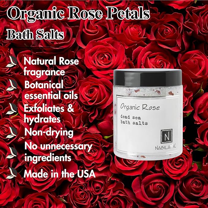 Organic Rose Bath Salts by Nabila K - Dead Sea Salt & Epsom Salt Scrub & Soak - Exfoliates & Hydrates Skin, Botanical Essential Oils - Bubble Bath Accessories for All Skins Types, 8 oz-BrightBean Baby