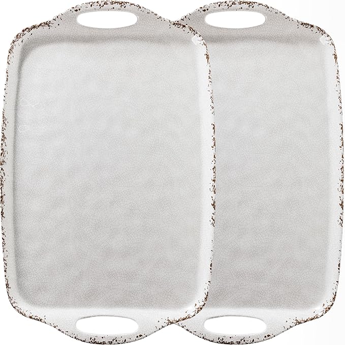 Farmhouse Melamine Serving Tray with Handles, Set of 2, 19"x12" Extra Large Rectangular Turkey Serving Platter, Serving Food Trays for Entertaining, Christmas,Thanksgiving,Party, Ivory