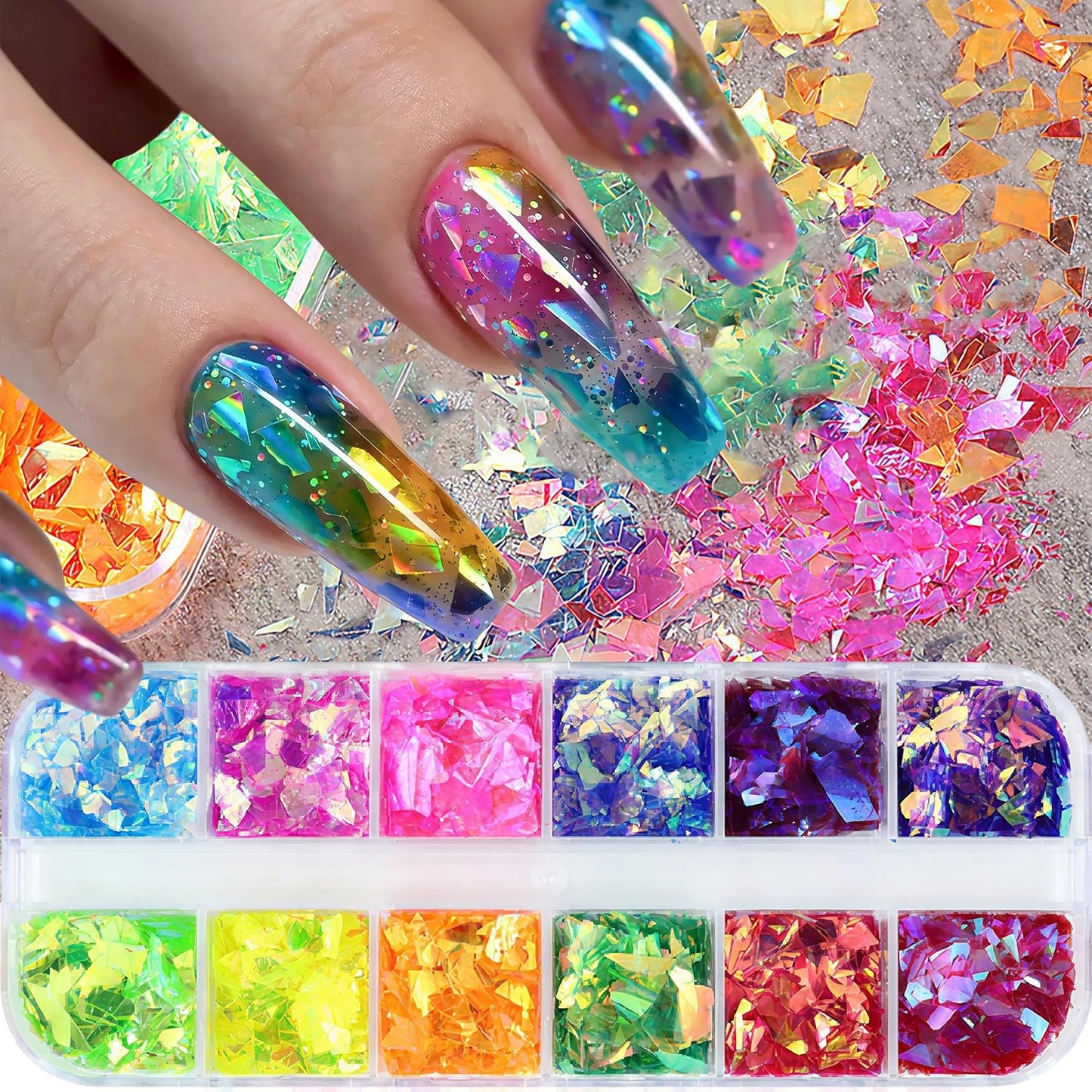 12Grids Holographic Mermaid Colorful Nail Art Glitter,Irregular Rainbow Candy Color Nail Art Flakes Sequins Gradient Bright Ice Slag Nail Sequins Summer Metallic Foil Nail Supplies DIY Nail Decoration-BrightBean Baby