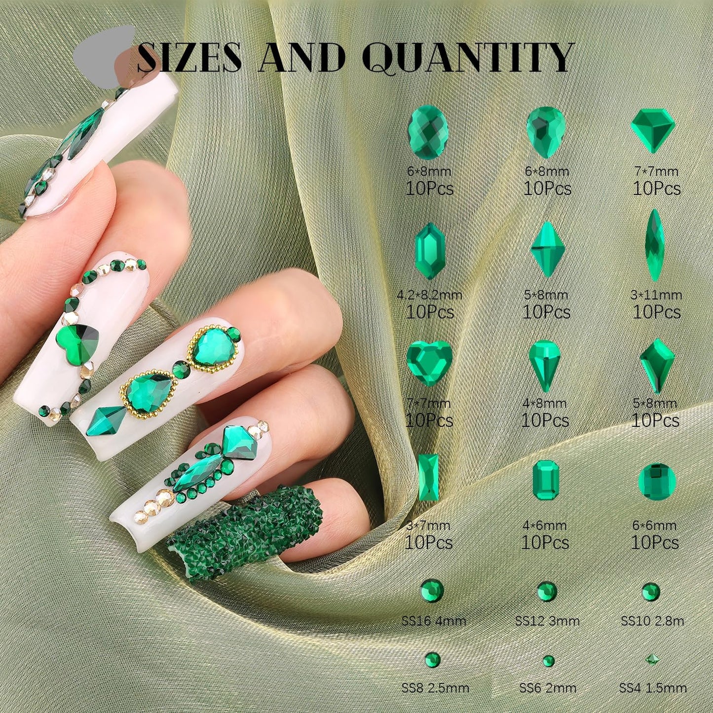 2680Pcs Emerald Green Glass Nail Rhinestones 120Pcs Multi Shapes Flatback Nail Gems + 2560Pcs 1.5-4mm Round Crystal with Rhinestone Glue Gel, Manicure Nail Charms Diamond Gemstone for Nail Art-BrightBean Baby