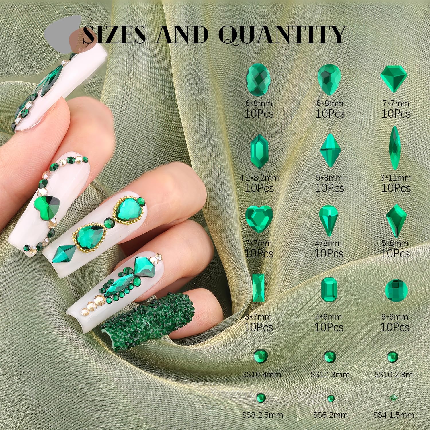 2680Pcs Emerald Green Glass Nail Rhinestones 120Pcs Multi Shapes Flatback Nail Gems + 2560Pcs 1.5-4mm Round Crystal with Rhinestone Glue Gel, Manicure Nail Charms Diamond Gemstone for Nail Art-BrightBean Baby