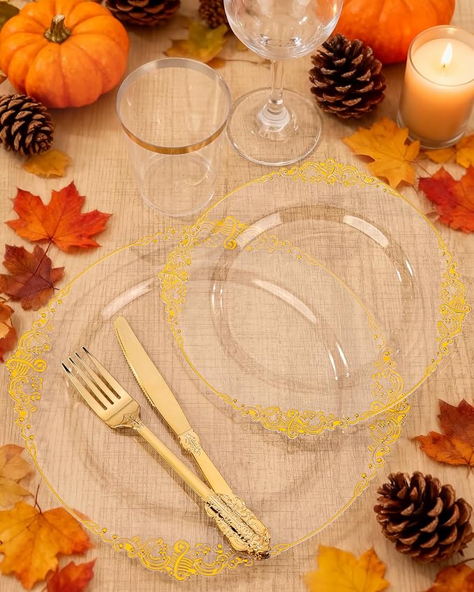 Nervure 350PCS Clear Gold Plastic Plates - Gold Plastic Dinnerware Sets for 50 Guests - 100 Disposable Plates, 150 Silverware, 50 Cups, 50 Napkins for Wedding & Party & Thanksgiving