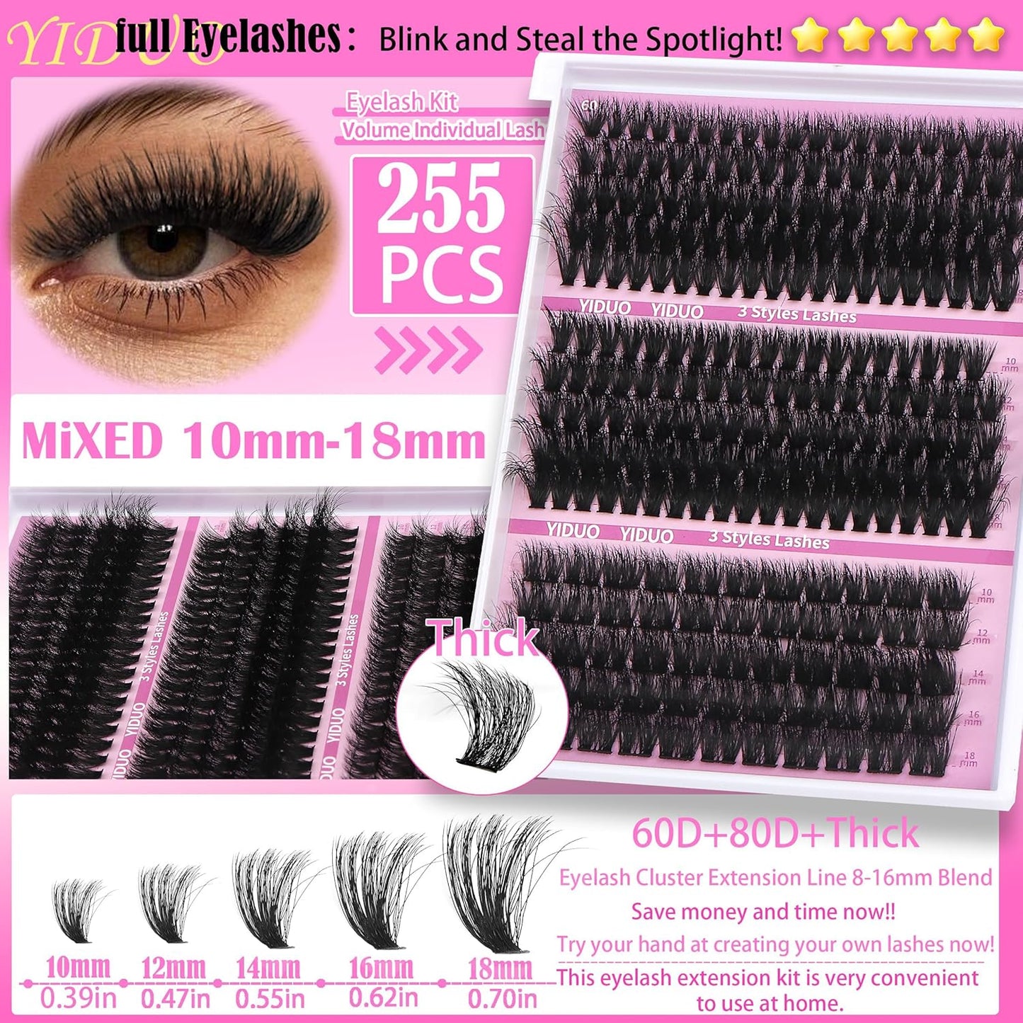 Lashes 7 style Mixed C-Curl False Eyelashes Extensions Clusters Lashes Kit Gift Packs 835Pcs with Bond&Seal Faux Mink Individual Lash Wholesale Pack DIY Individual Fake Eyelashes Box-BrightBean Baby