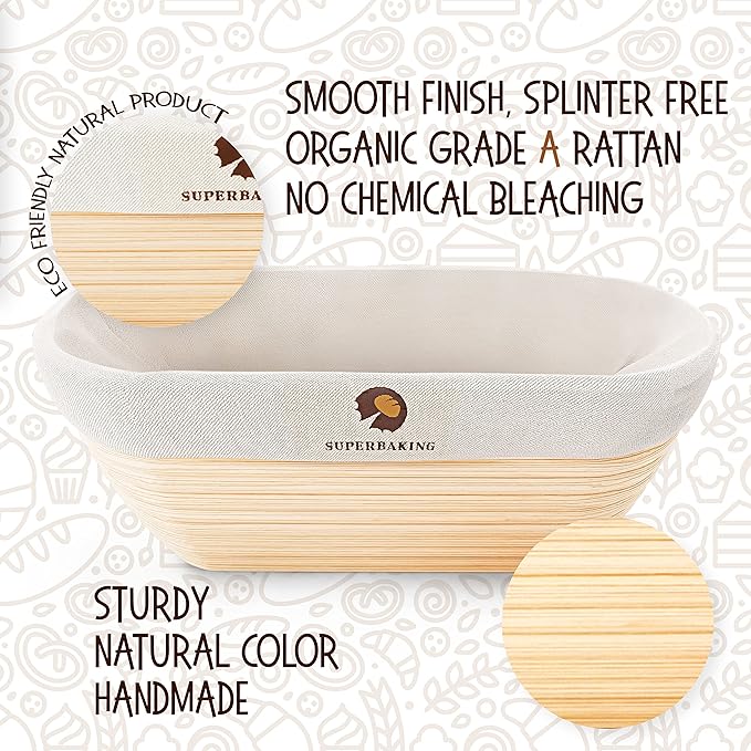 Superbaking 10" Oval Banneton Bread Proofing Basket – Sourdough Starter Kit for Crusty Artisan Style Loaves, Includes Essential Bread Baking Supplies & Tools - Ideal Gift for Bakers