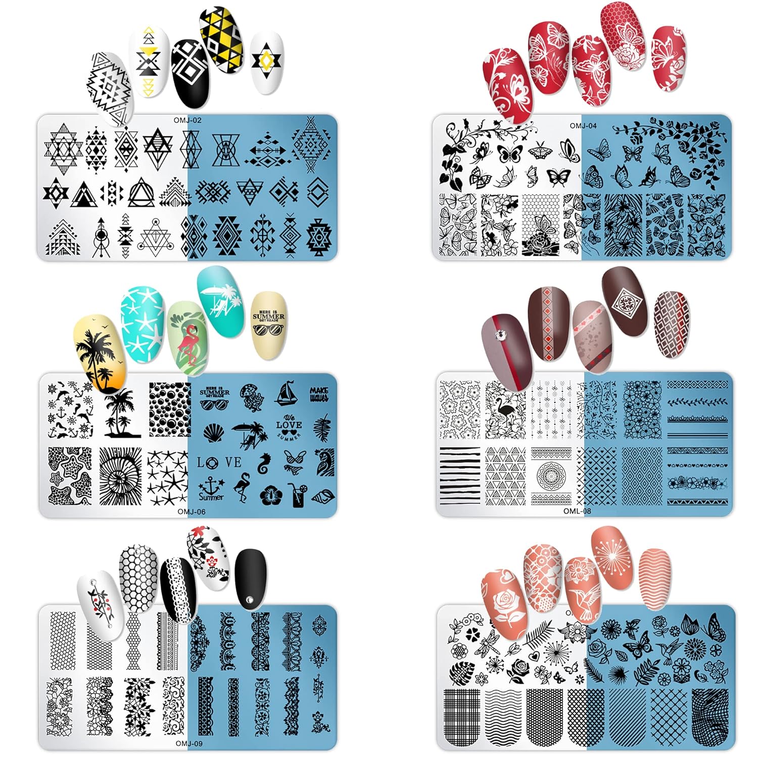 AddFavor Nail Stamper Kit 6pcs Flower Lace Nail Art Stamping Plate Butterfly Leaf Geometry Template with Silicone Nail Stamper and Scraper for Women Girls DIY Fingernail Manicure Stencils Tools-BrightBean Baby