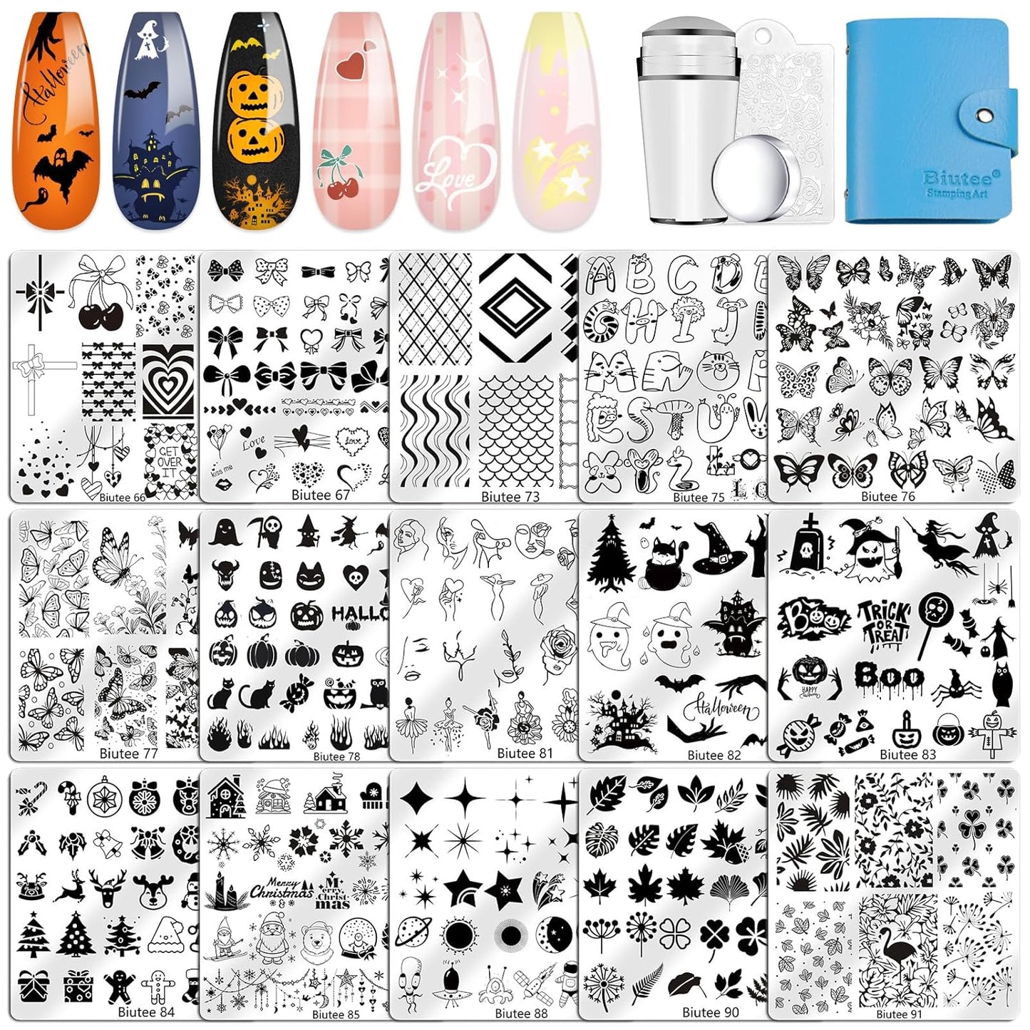 Biutee Nail Stamping Plate 15PCS Nail Stamper Kit Nail Art Stamping Plates Set with Nail Stamper, Scraper & Storage Bag, Nail Stamping Kit Star Bowknot Love Butterfly Leaf Halloween Design Template-BrightBean Baby